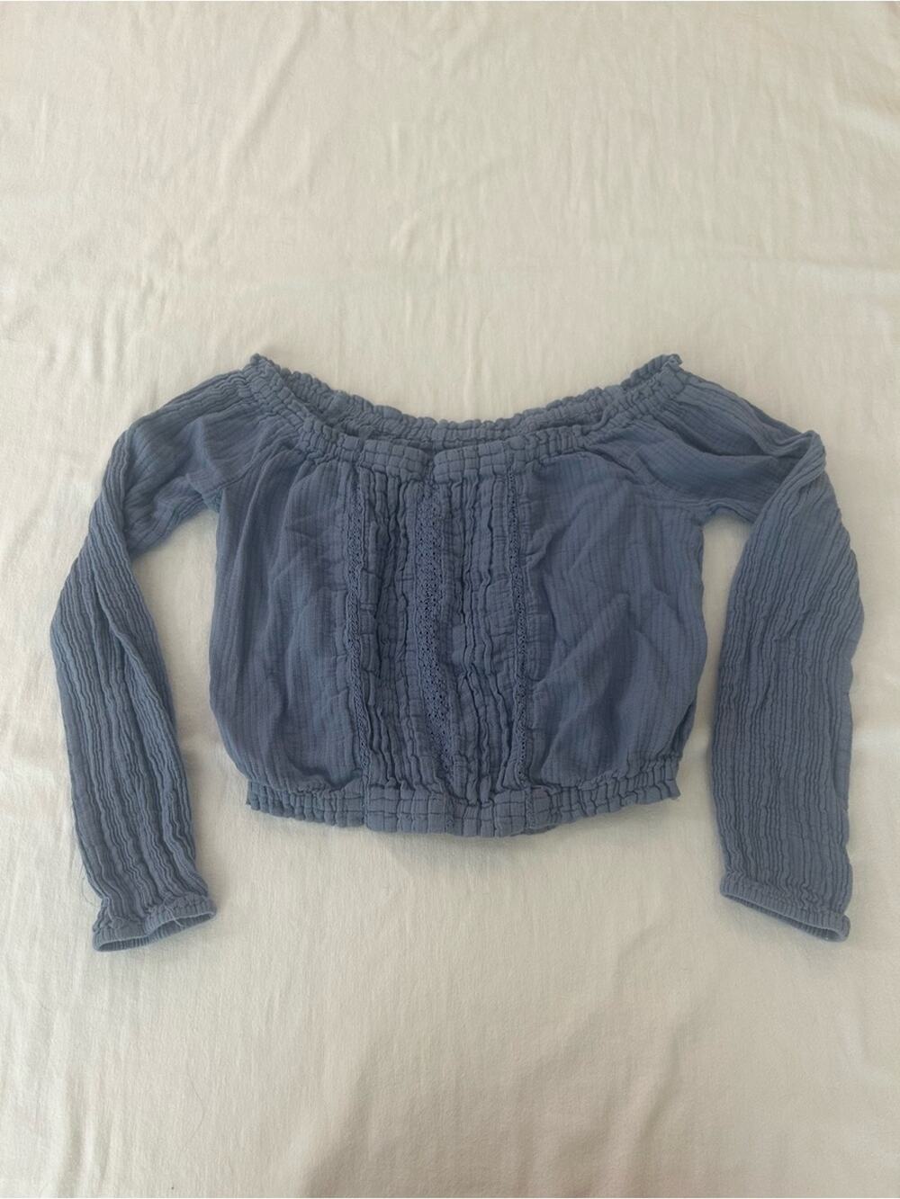 Aeropostale Womens XS Blue Off Shoulder Crop Top Gauze Boho Long Sleeve